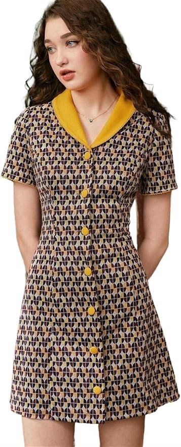 Allover Print Contrast Collar Button Front Shirt Short Dress