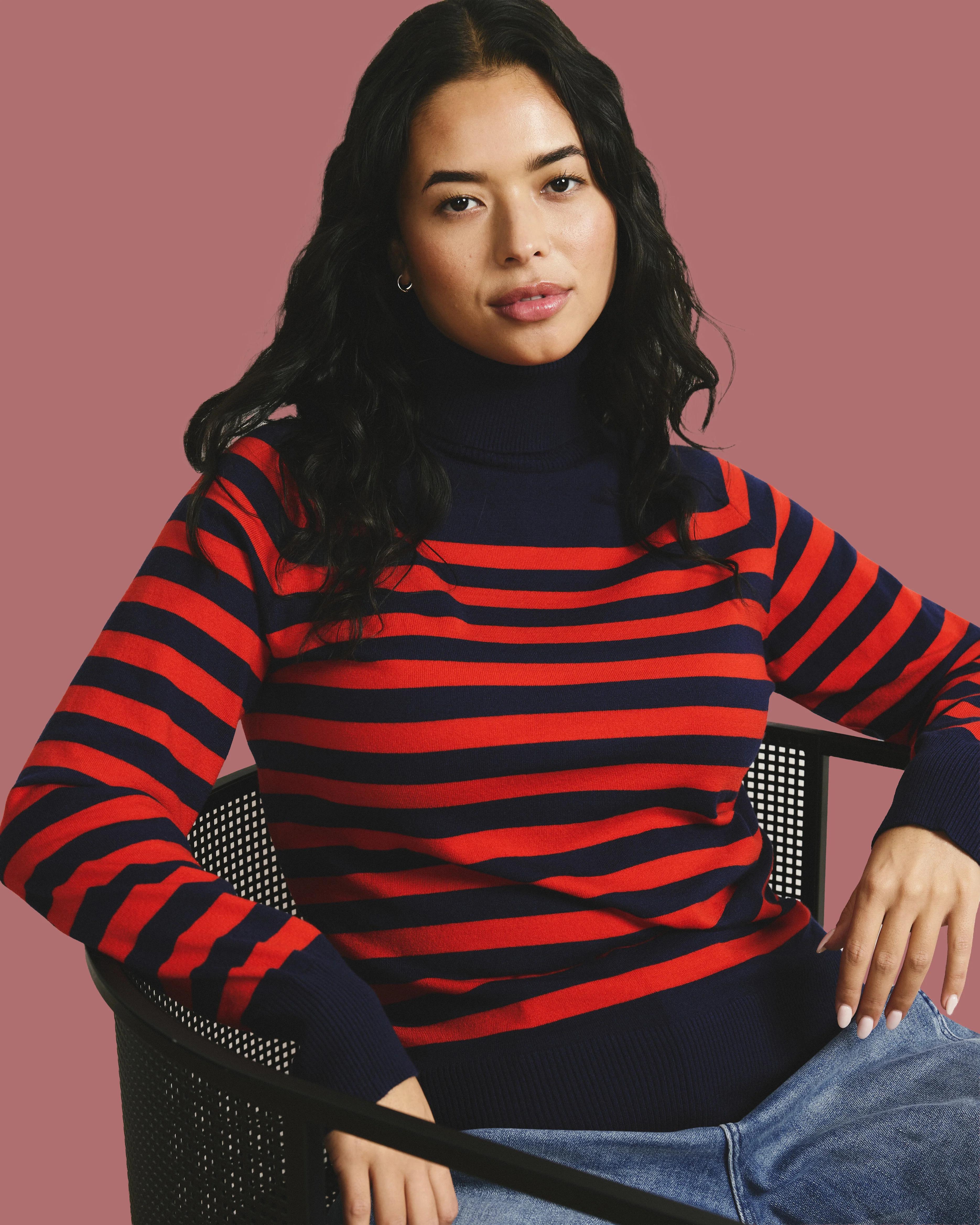 Renee Savvy Fine Knit Raglan Turtleneck - Navy/Red Stripes