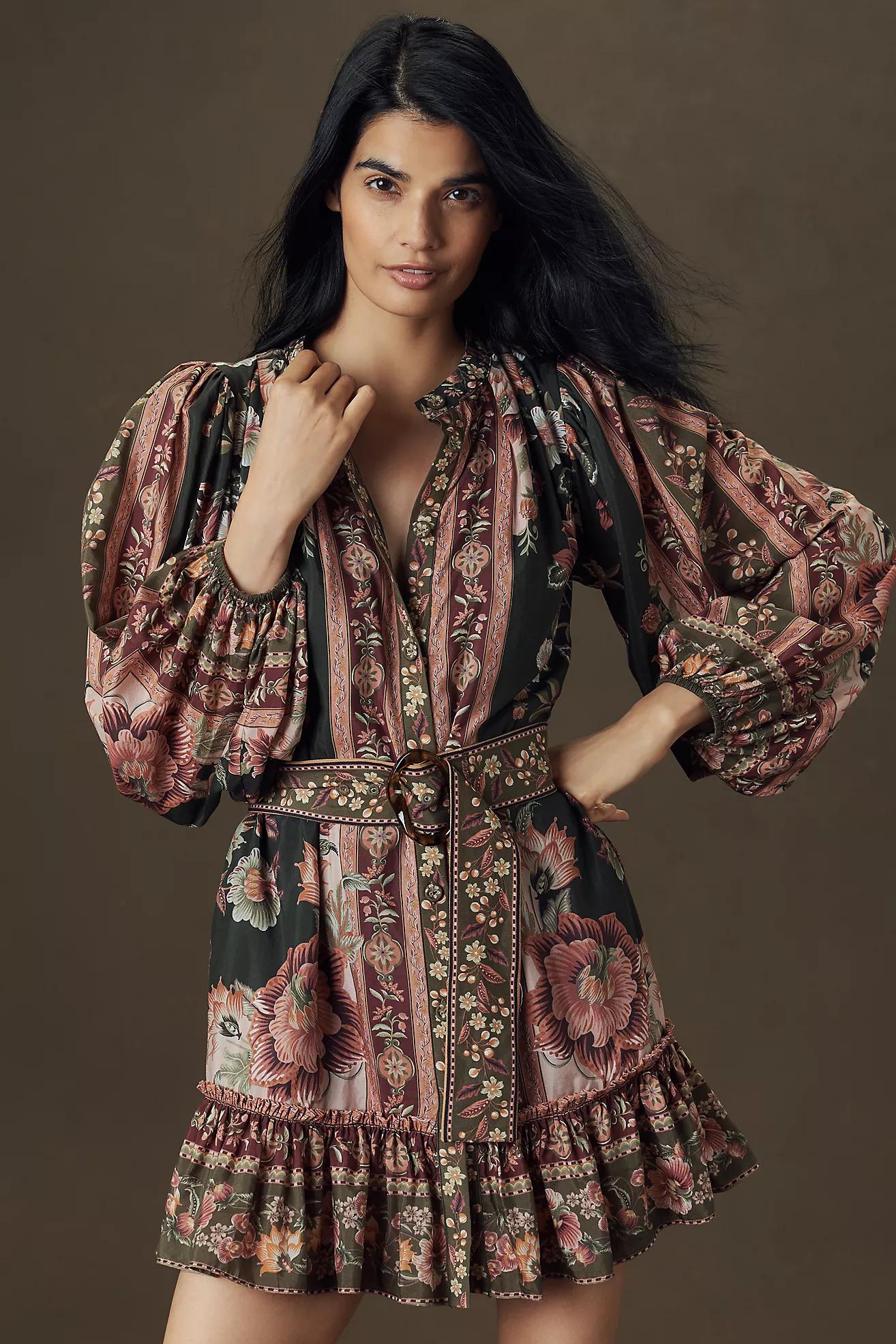 Farm Rio Belted Puff-Sleeve Mini Dress