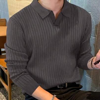 Men's Casual Spread Collar Long Sleeve Breathable Knitted Sweater