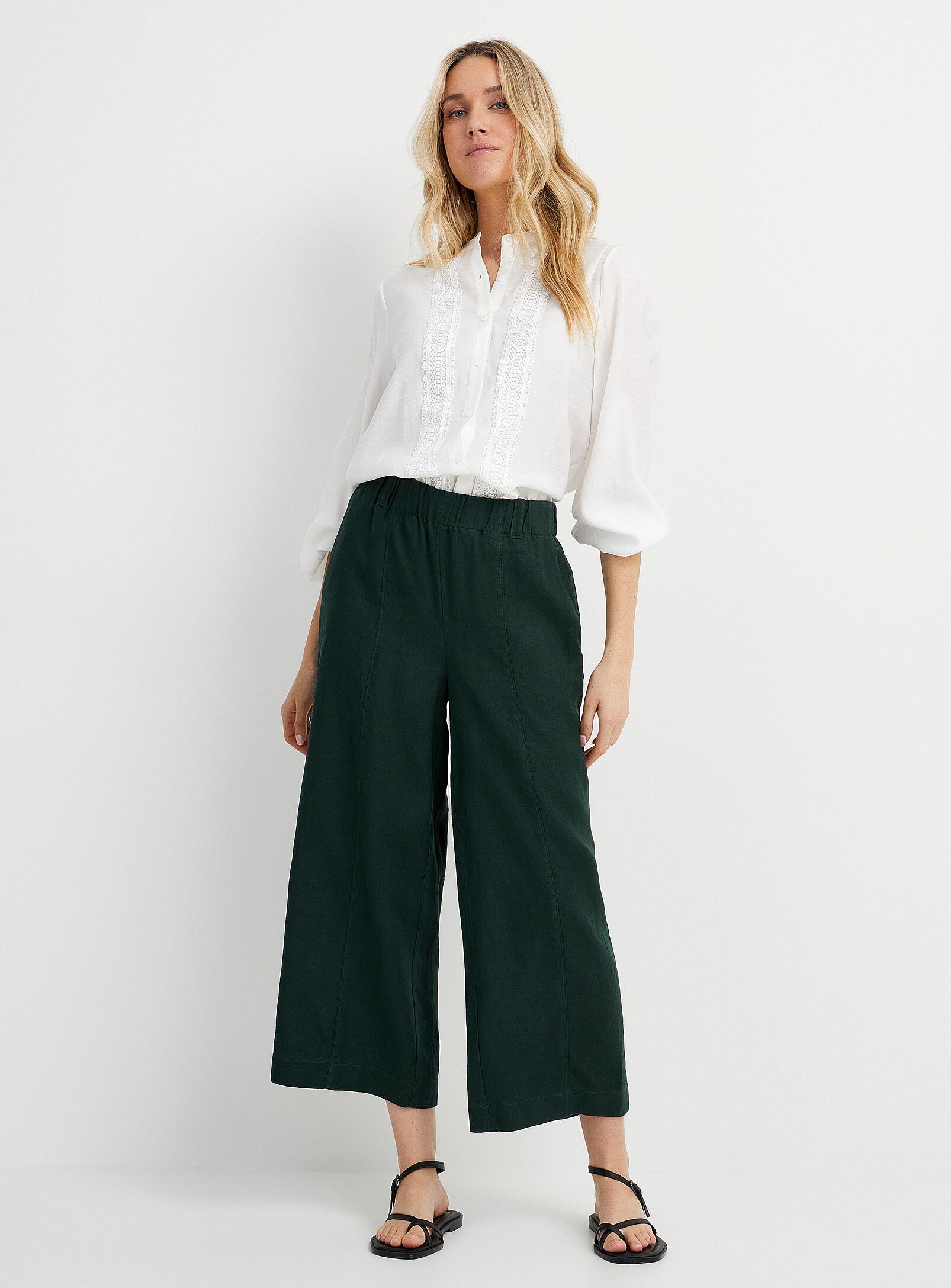 Elastic waist pure linen cropped pant Fit: Cropped wide leg, high rise (Women, Green, X-SMALL)