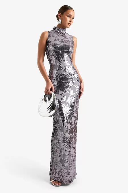 Demask Sequin High Neck Column Maxi Dress