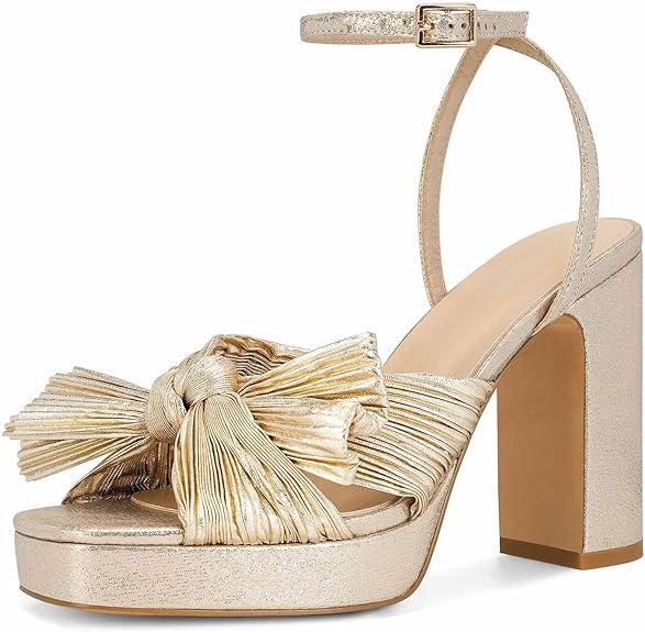 MICIFA Women's Bow Heeled Sandals Pleated Bowknot Platform High Heel Sandals Ankle Strap Chunky Dress Bridal Wedding Shoes