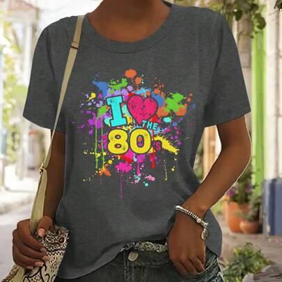I Love 80s Style Women Cute Disco Casual Crew Neck Short Sleeve T-Shirt