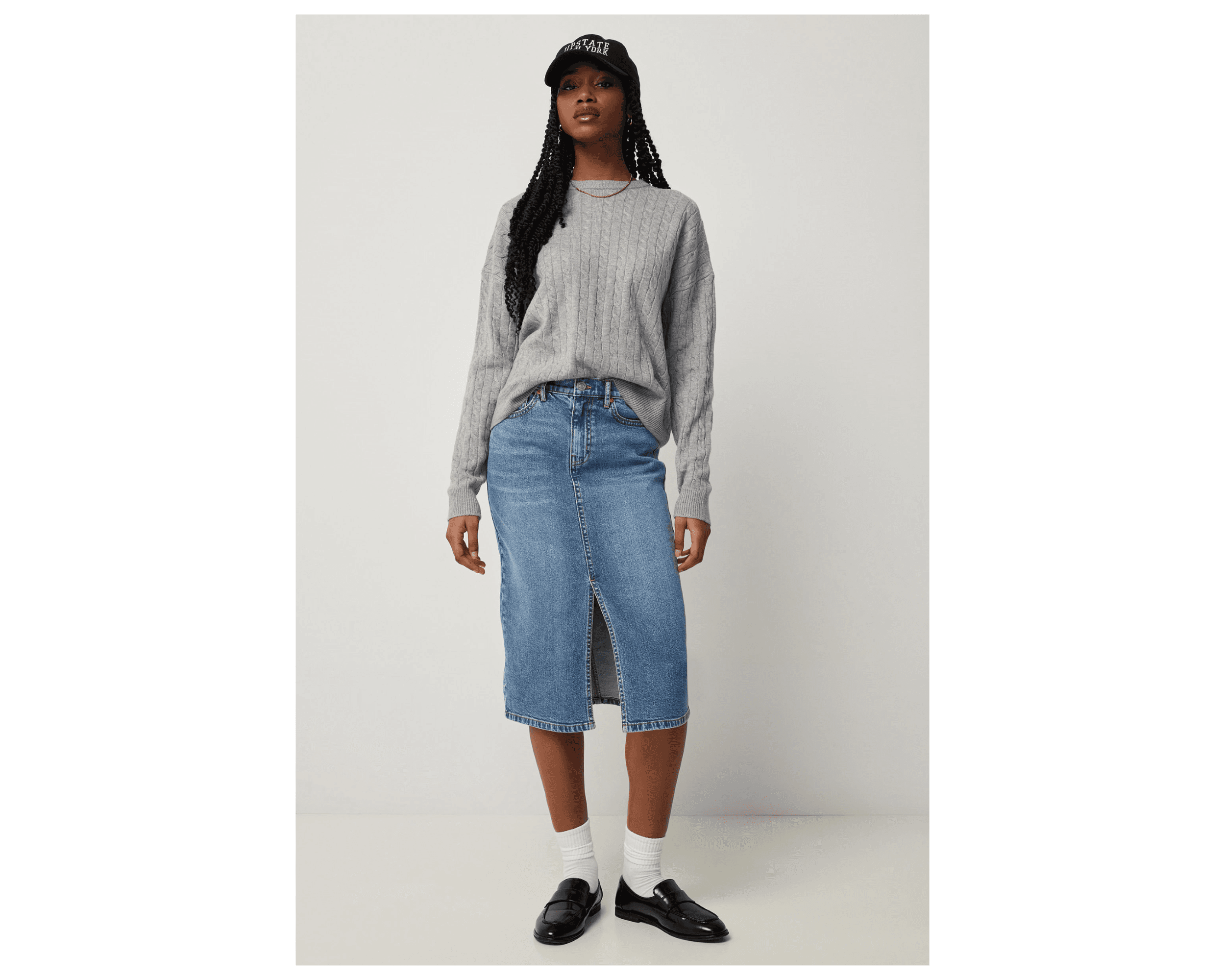 Ardene High Rise Midi Denim Skirt with Slit in Medium Blue