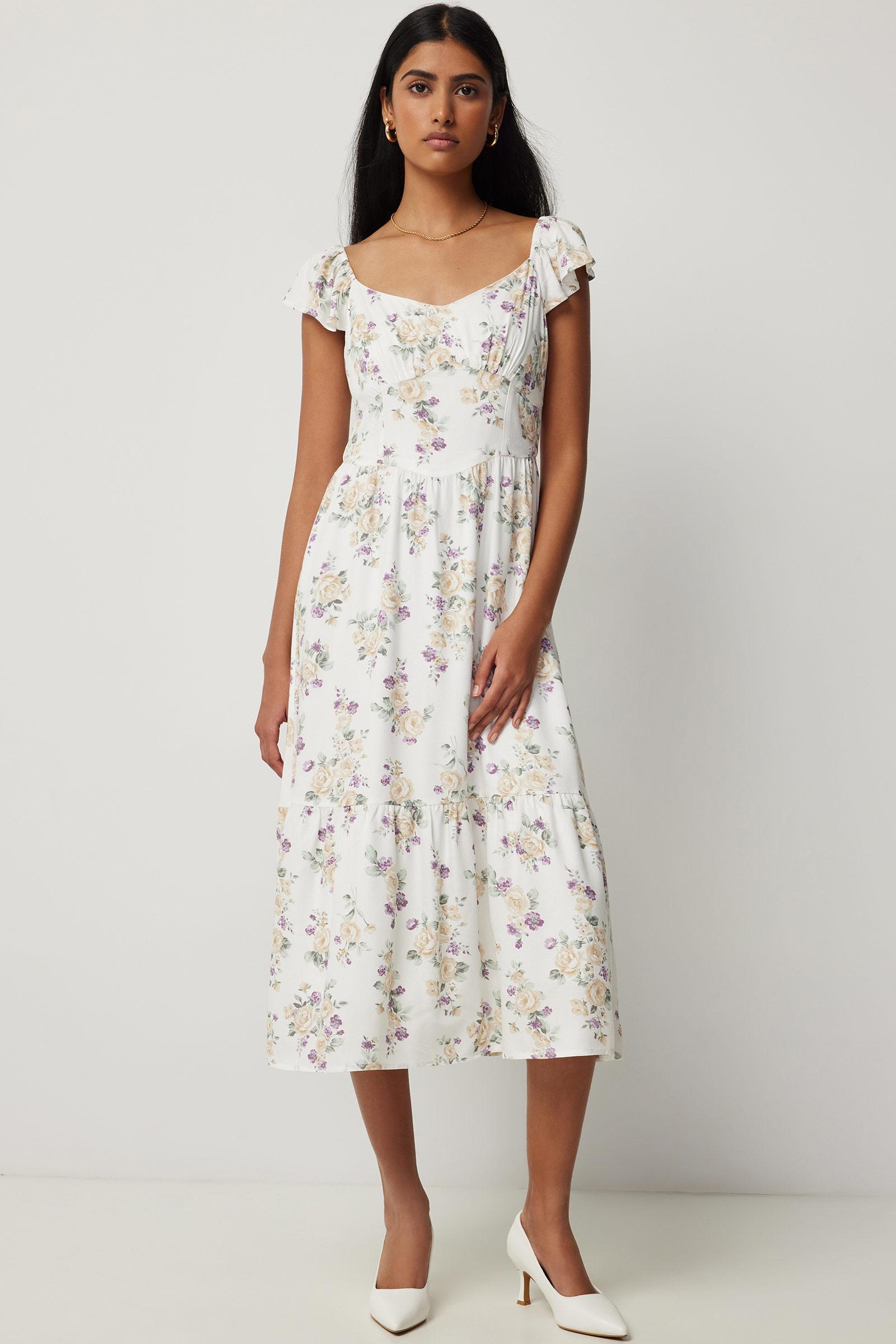Ardene Floral Sweetheart Midi Dress in White | Size XS | 100% Viscose