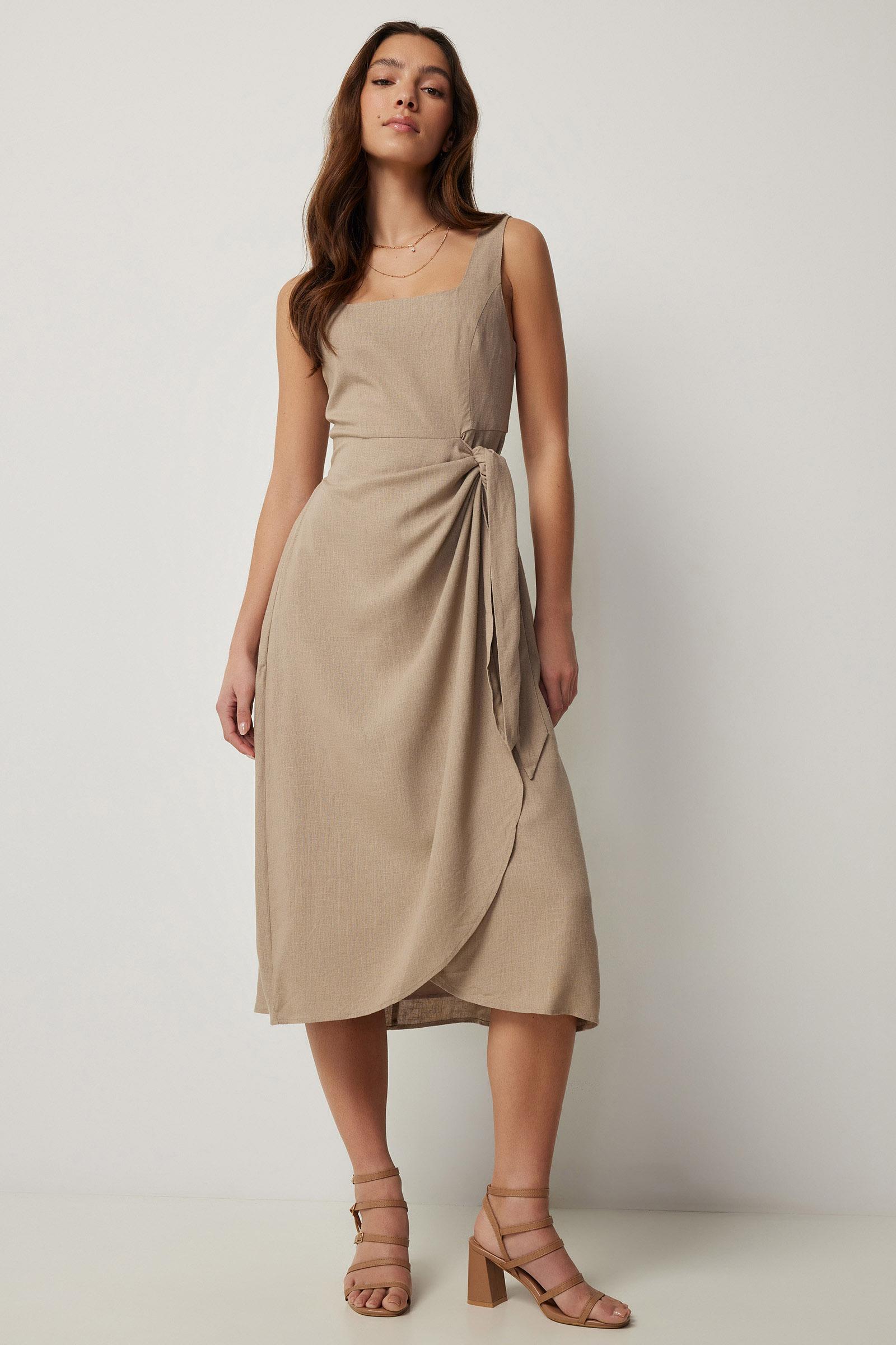 Ardene Linen Blend Midi Wrap Dress in Beige