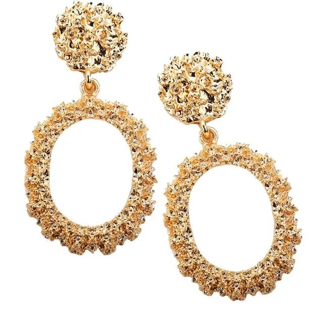 Metal Large Oval Pattern Hollow Vintage Court Earrings for Women Girls Wedding Holiday - Golden