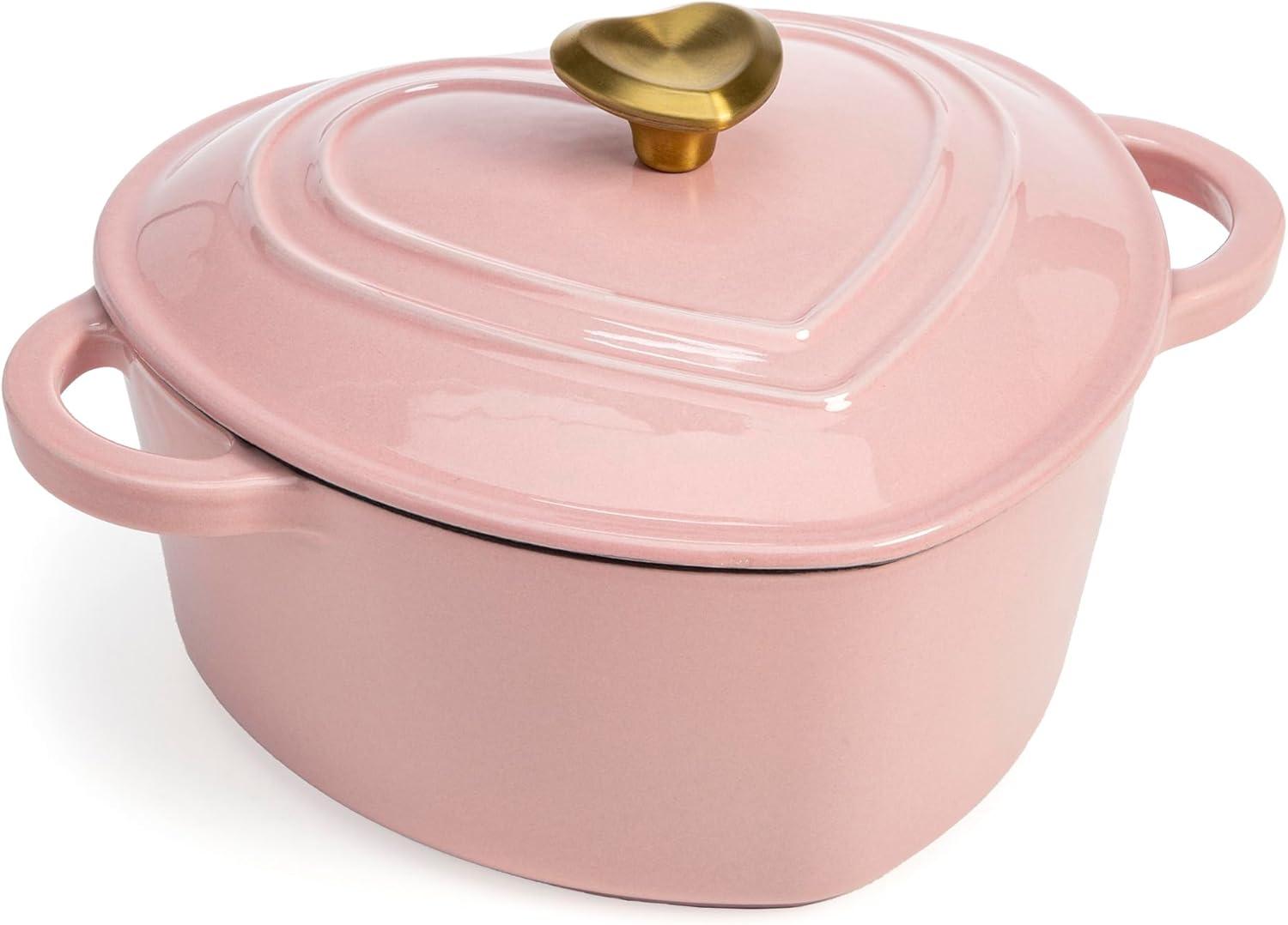 Paris Hilton Enameled Cast Iron Dutch Oven Heart-Shaped Pot with Lid, Dual Handles