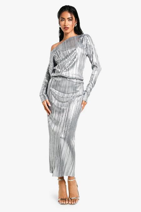 Slash Neck Metallic Foil Midaxi Dress