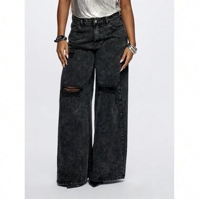 Distressed Washed Wide Leg Denim Jeans