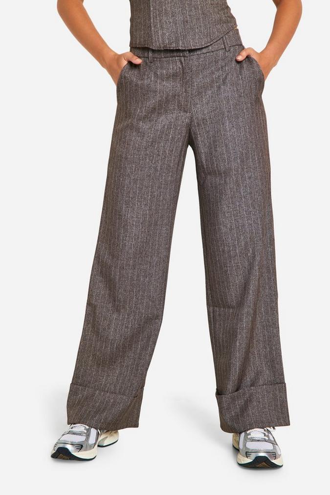 Premium Pinstripe Turn Cuff Wide Leg Trousers