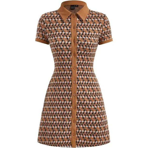 dusa Women's Short Sleeve Collar A Line Button Up Short Shirt Dress Brown Medium