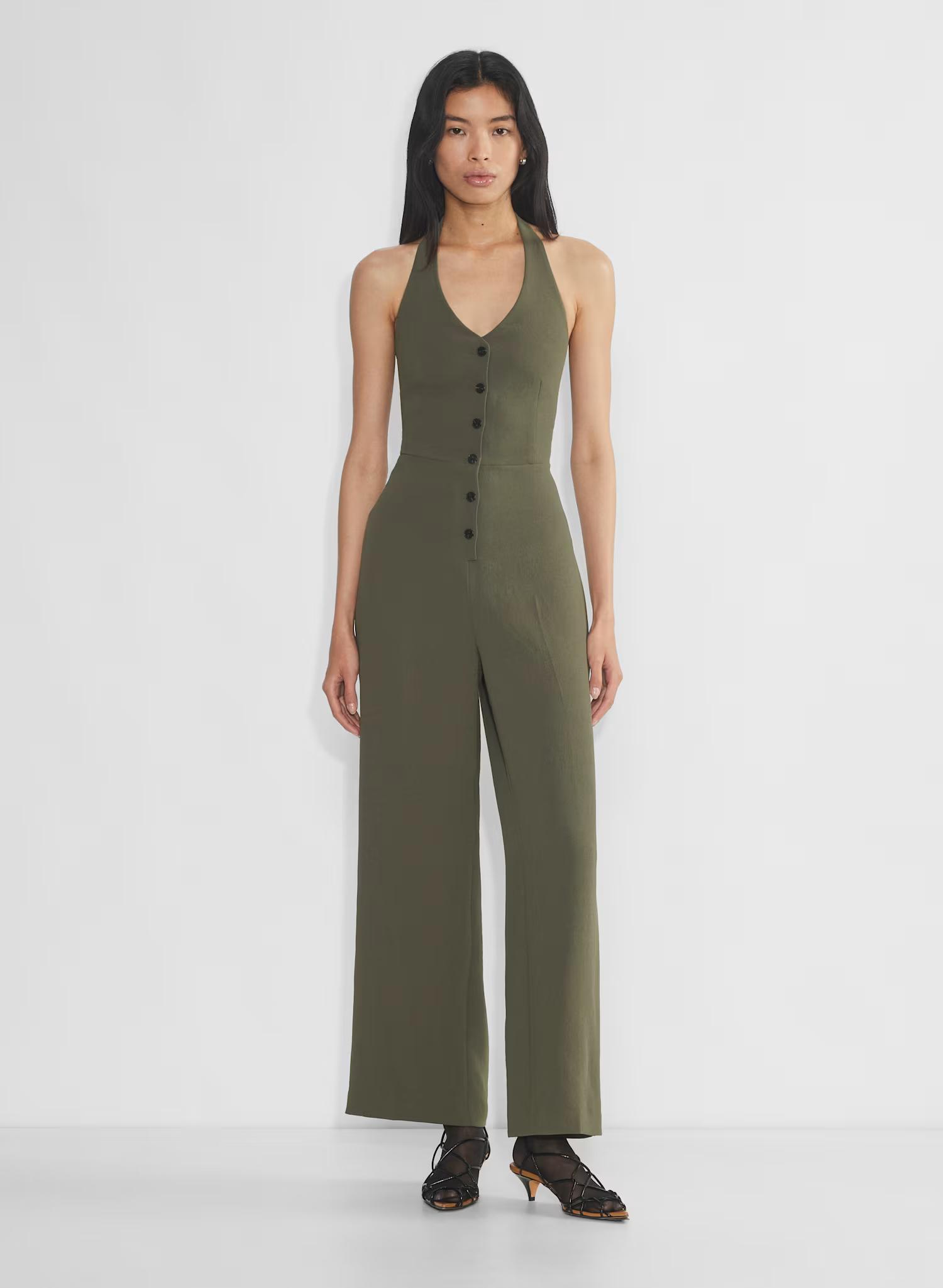 Button-up, wide-leg Japanese crepe jumpsuit