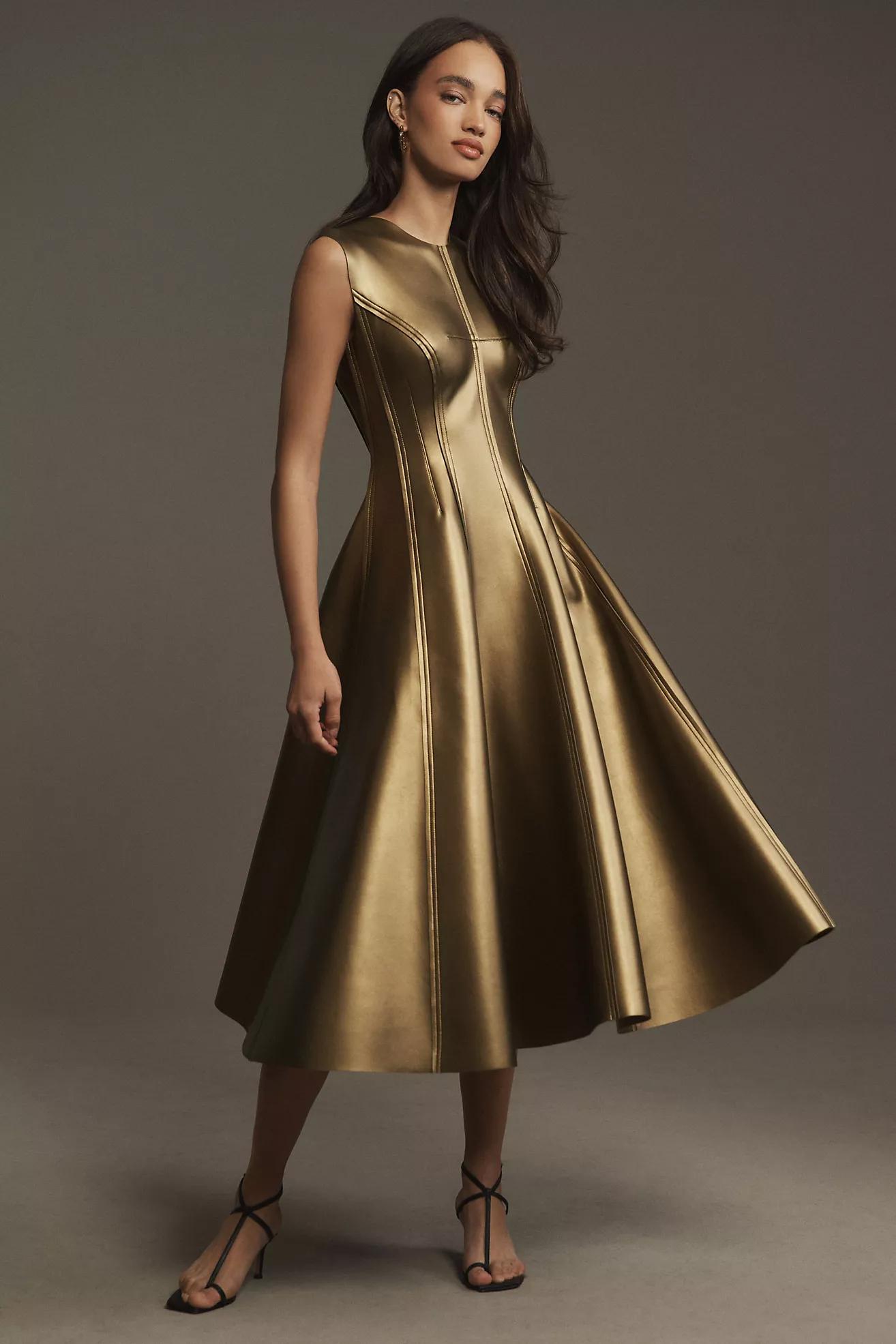 Norma Kamali Grace Sleeveless Faux-Leather Fit & Flare Midi Dress