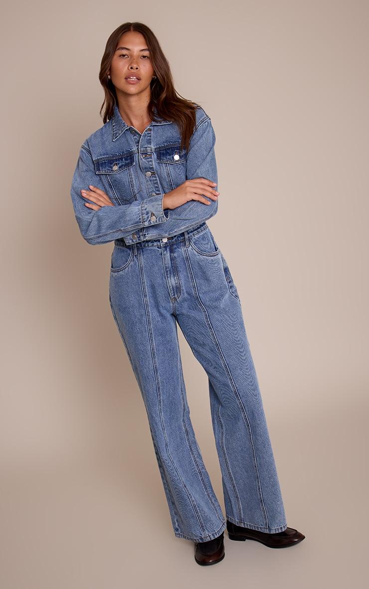 Mid Blue Contrast Stitch Long Sleeve Denim Jumpsuit