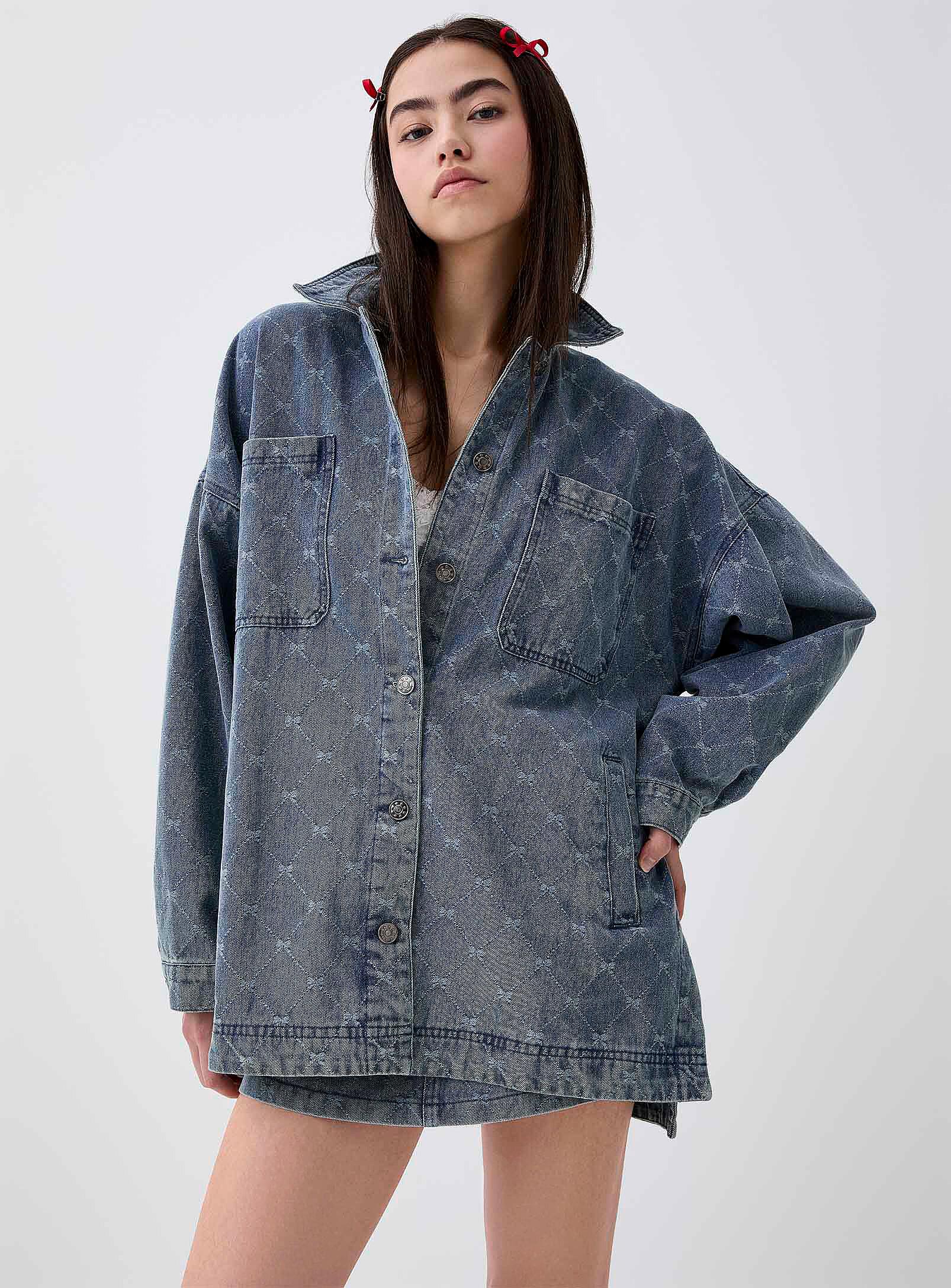 Twik - Diamonds and bows denim overshirt (Women, Blue, SMALL)