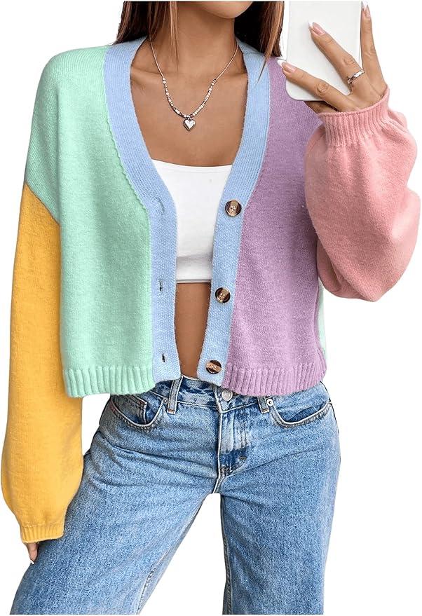 Color Block Puff Sleeve Coat Open Front Cropped Cardigan Sweaters