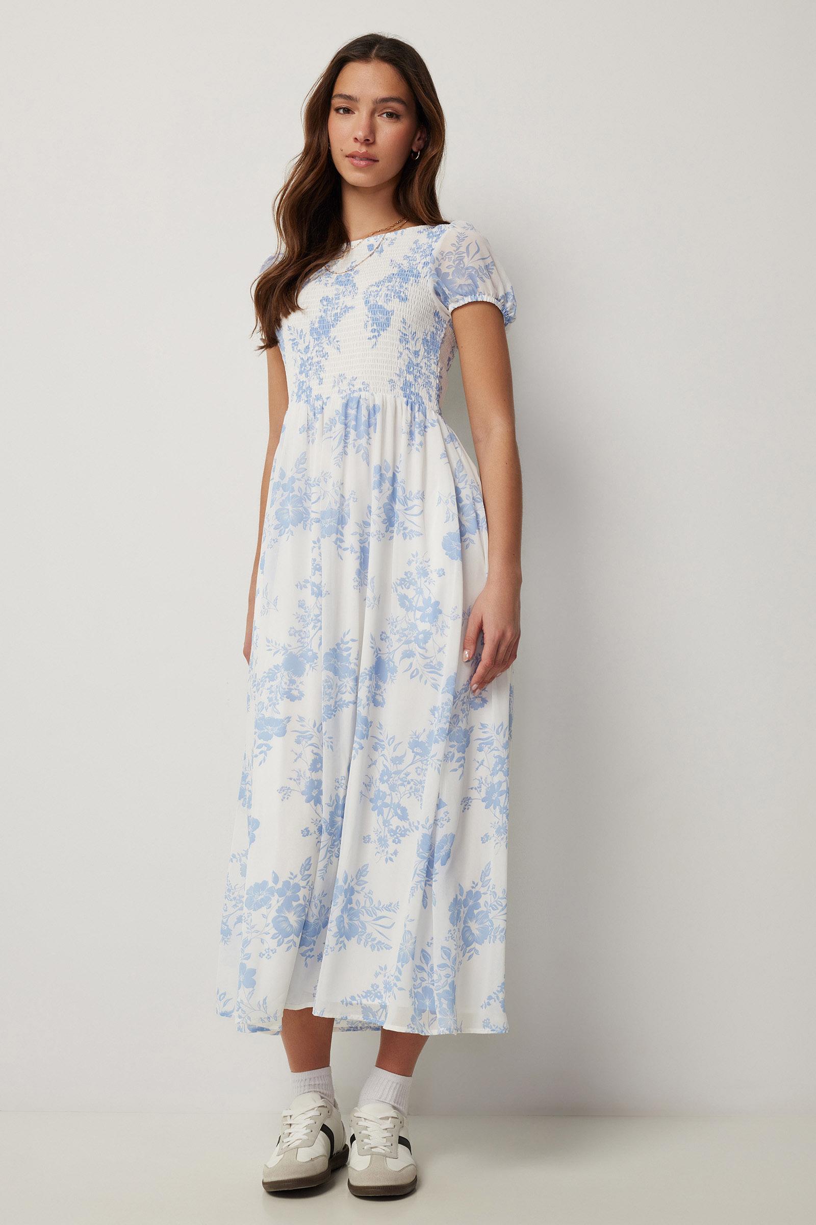 Ardene Smocked Bodice Midi Dress in White | Size Large | Polyester