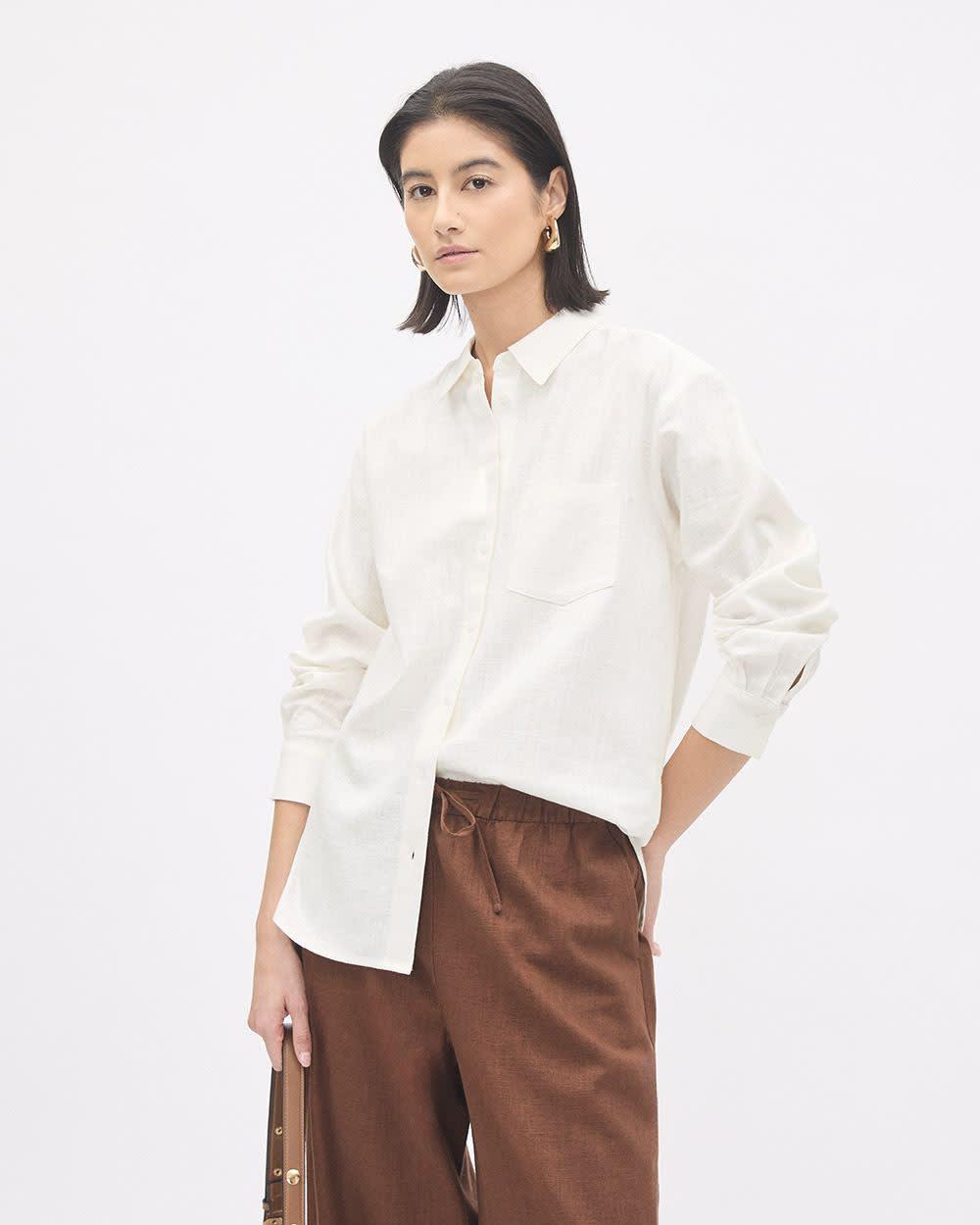 Long-Sleeve Buttoned-Down Linen Blouse