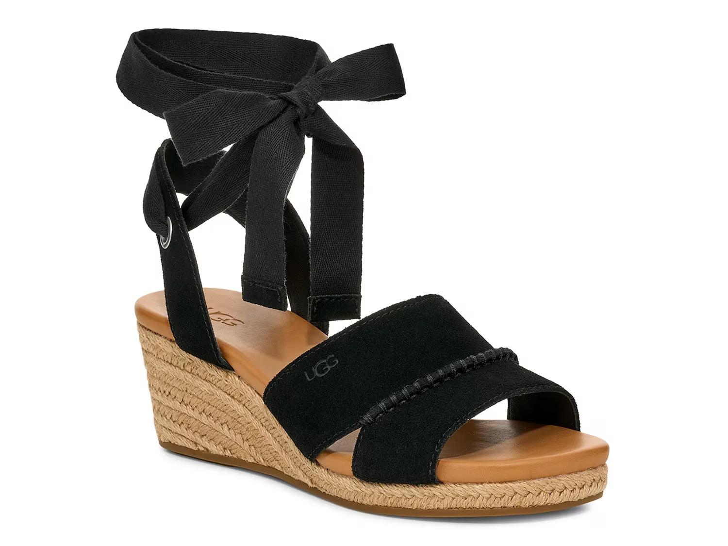 Ugg Women's Taia Ankle Wrap Espadrille Wedge Sandal in Black Size 10 Medium