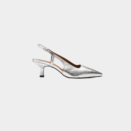 Silver pointed-toe slingback pumps