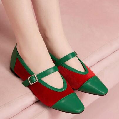 Square Toe Mary Jane Buckle Strap Shoes, New Velvet Two-Tone Patchwork Soft Bottom Breathable Vintage Flat Casual Shoes For Women, Suitable For Daily