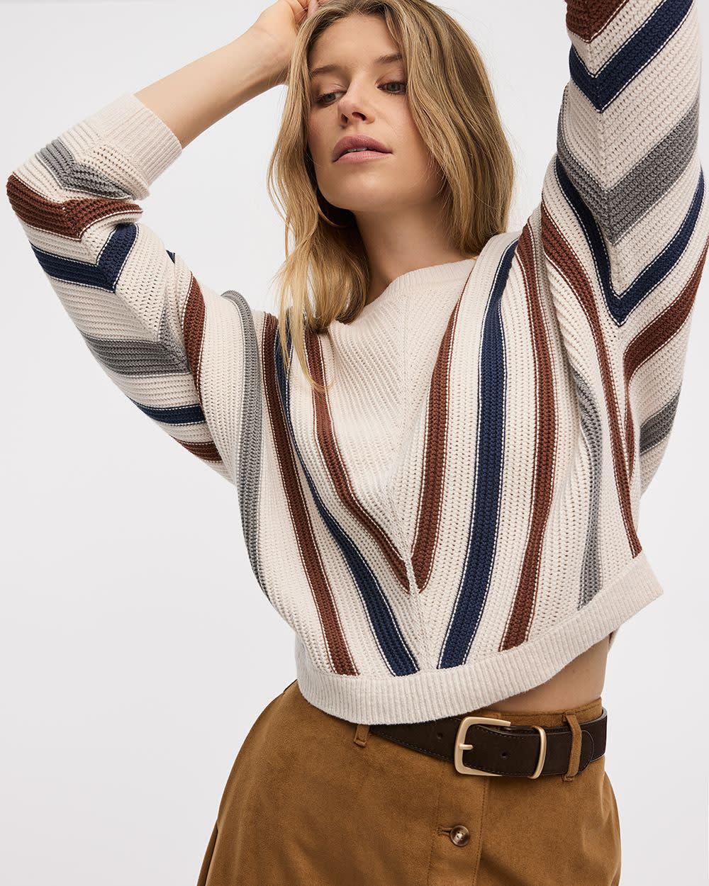 Striped Long-Dolman-Sleeve Crew-Neck Pullover