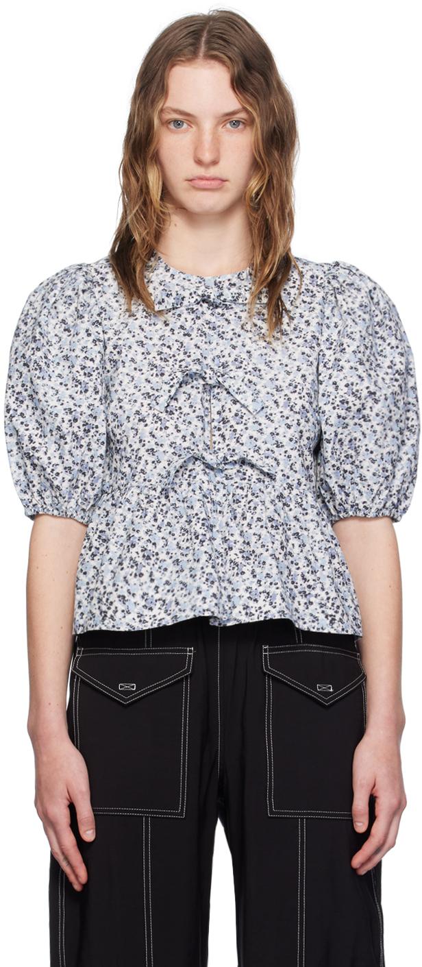 GANNI Blue Floral Printed Peplum Blouse