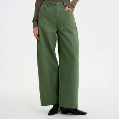 Women's Autumn/Winter Casual Cotton Woven Green Pocketed Cargo Pants, Loose Fit Relaxed Trousers