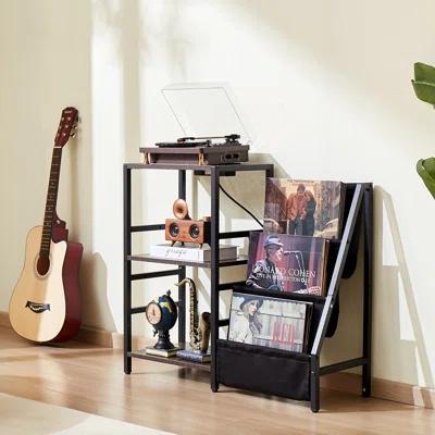 3 Tiers Record Player with LED Light & USB Ports Vinyl Shelf Black