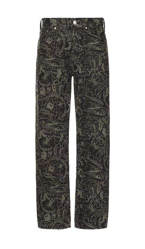 XLARGE Discharge Print Denim Pants in Black. Size 30, 34, 36.