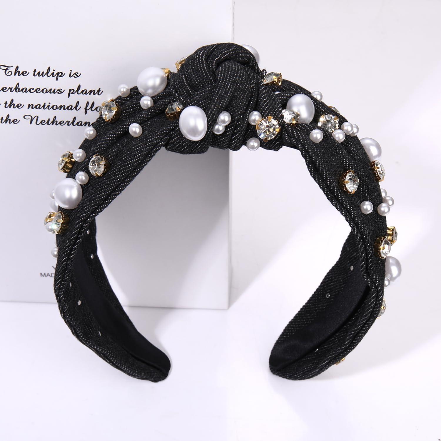 GLBCC Pearl Knotted Headband for Women White Pearl Rhinestone Jeweled Hairband