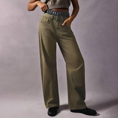 Women Casual Washed Color-Block Waist Straight Leg Jeans